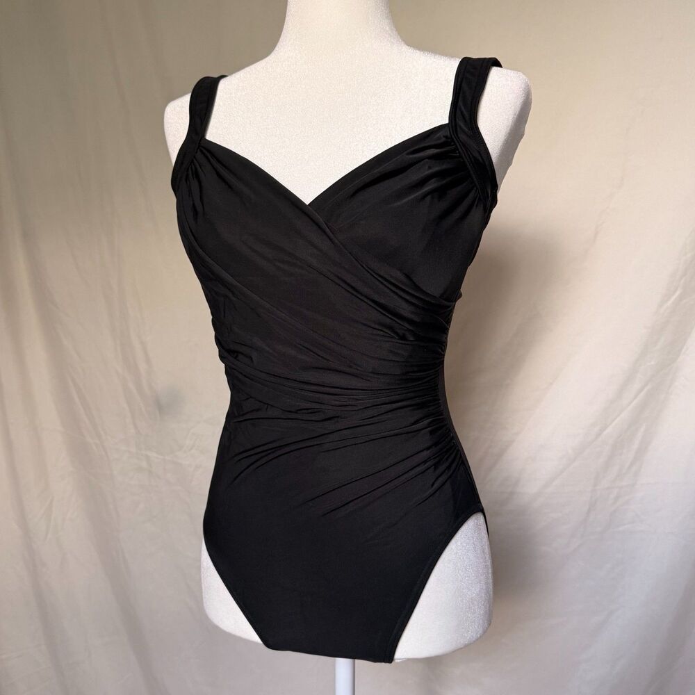 Miraclesuit one piece swimsuit NWOT womens 10 black ruched surplice slimming